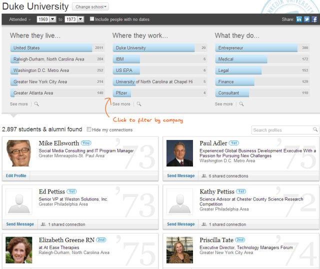 LinkedIn Contacts listing of alumni